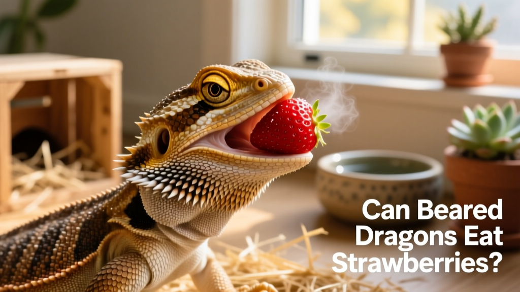 A bearded dragon gently holding a small piece of fresh strawberry in its mouth