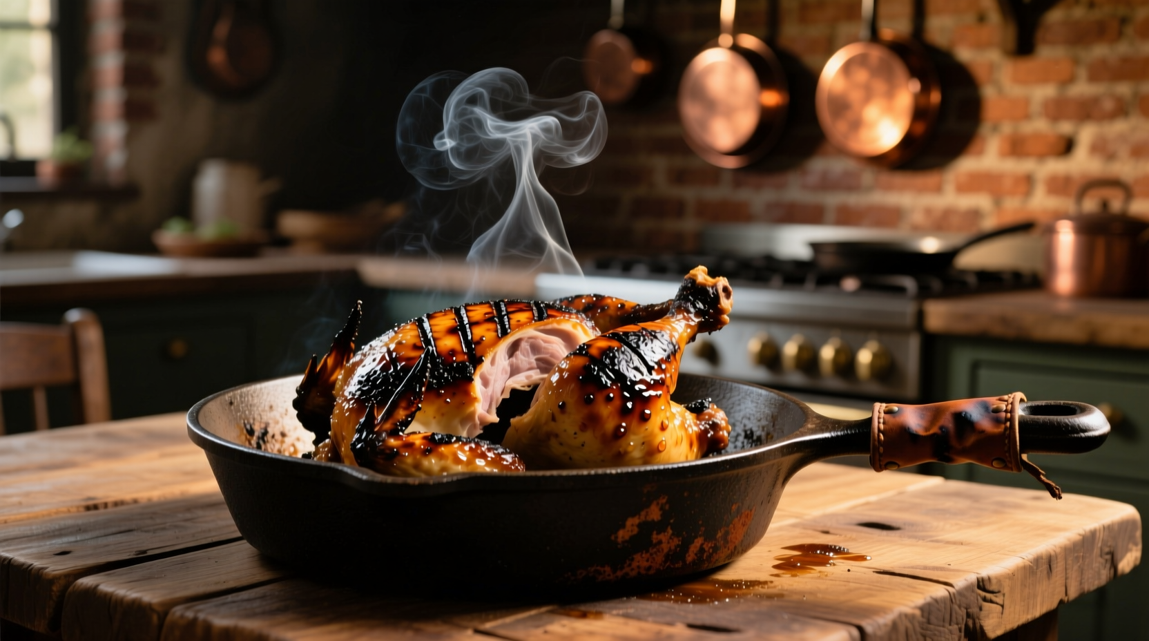 Blackened chicken with charred crust in cast iron skillet