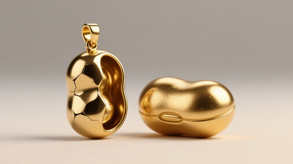 Dented hollow gold-plated brass bean pendant beside a flawless solid 14k gold bean under bright, diffused studio lighting setup.