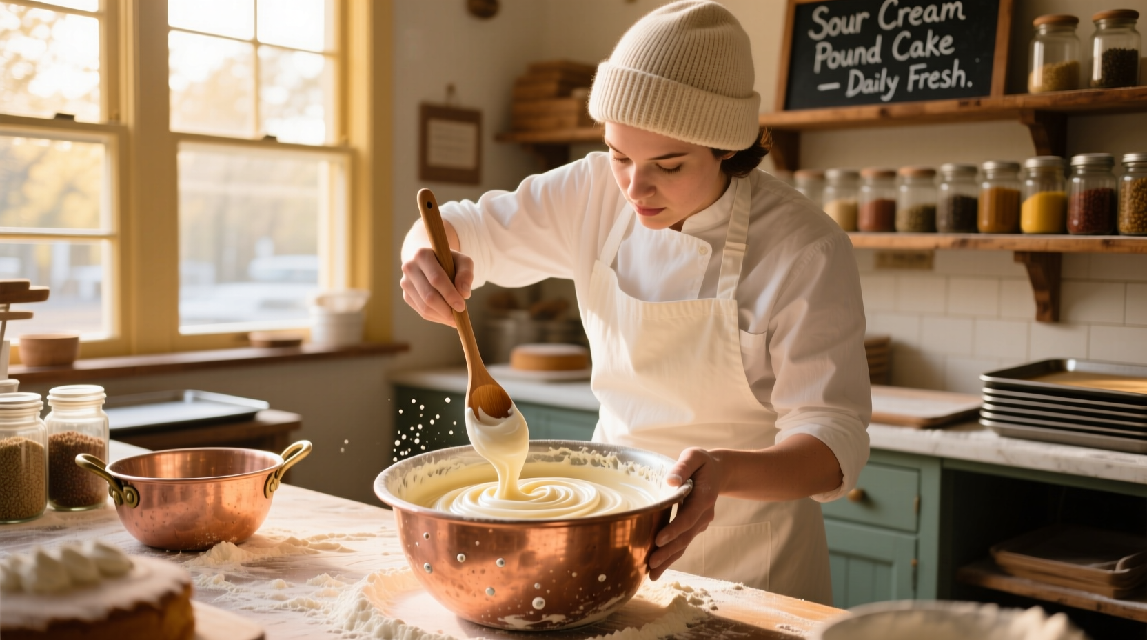 Professional baker mixing cake batter with sour cream