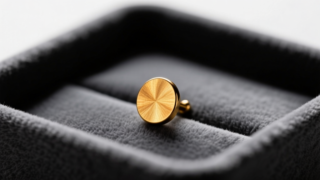 Macro shot of a 3mm brushed gold stud on a gray velvet tray, lit by soft studio lighting to show a matte finish with zero glare
