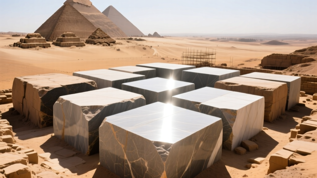 Massive Aswan granite blocks interlocking with smooth Tura limestone casing stones under bright sunlight at the Giza plateau excavation site.