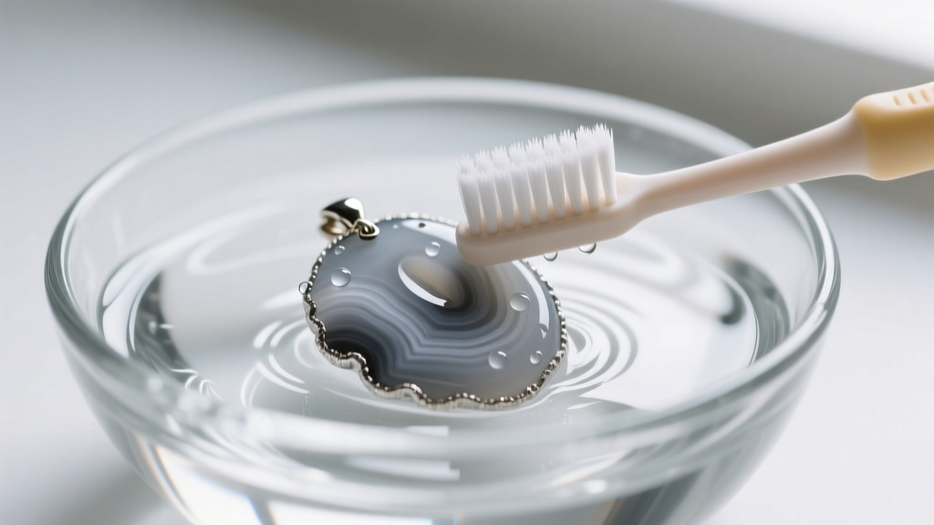 A soft-bristled baby toothbrush gently cleaning a grey agate pendant in a bowl of distilled water, macro photography style