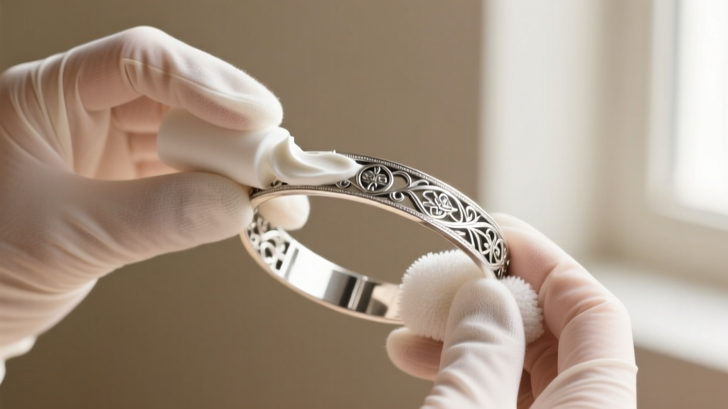 Hands in cotton gloves applying white silver polishing cream to an ornate sterling silver bracelet using a soft, lint-free cloth.