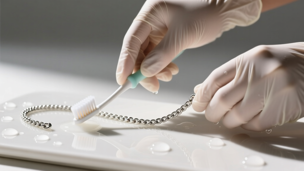 Hands in nitrile gloves gently brushing a delicate sterling silver rope chain with a soft-bristled baby toothbrush and warm soapy water.