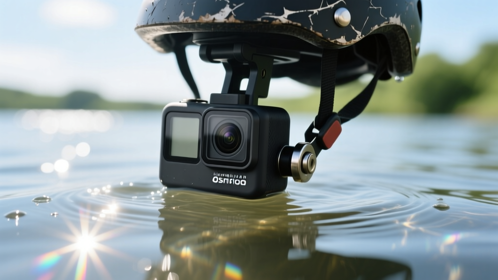 DJI Osmo Action camera mounted on a scratched helmet bracket submerged halfway in clear water with bright sunlight refractions