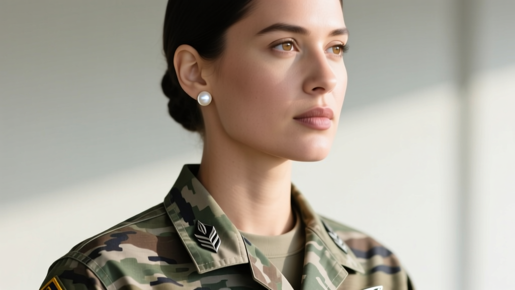 Female Airman in OCP uniform wearing a flush 6mm white pearl stud earring on her earlobe with crisp collar alignment visible.