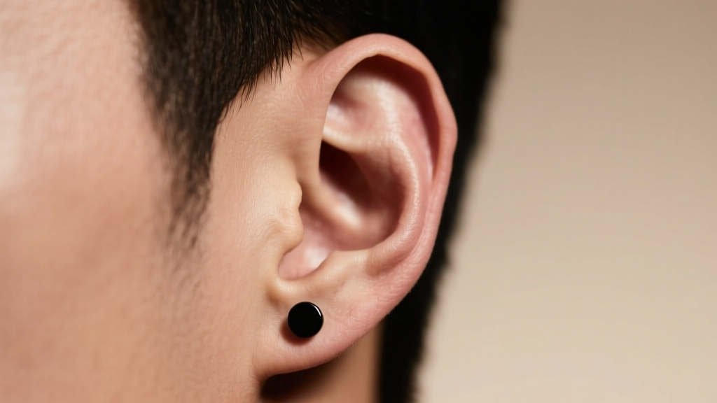 Close-up of a male ear wearing a minimalist black niobium stud, soft studio lighting highlighting skin and matte metal.