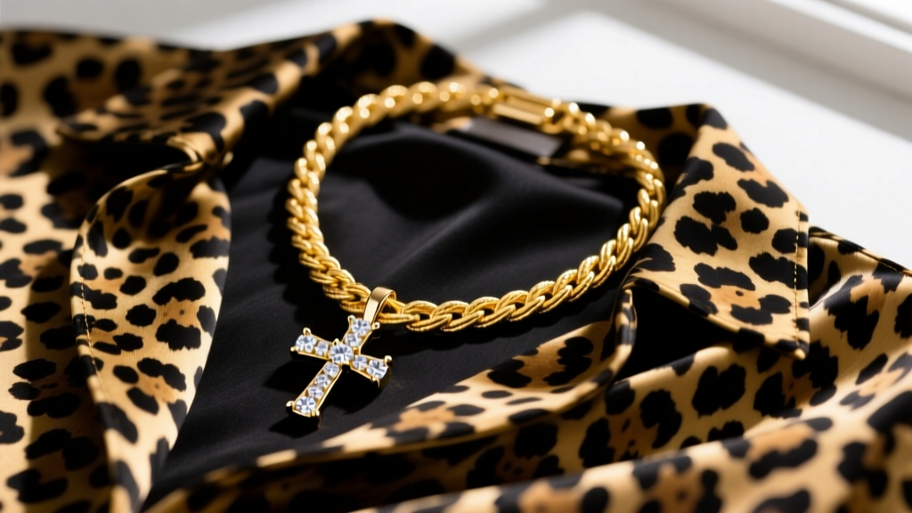 Close-up of a thick 14k yellow gold rope chain with a diamond-encrusted cross pendant resting on a leopard print silk blouse