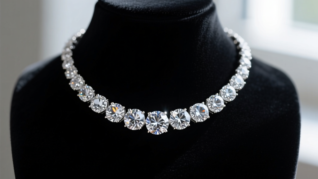 Close-up of a diamond rivière necklace with graduated round brilliant stones in platinum on a dark velvet display bust.