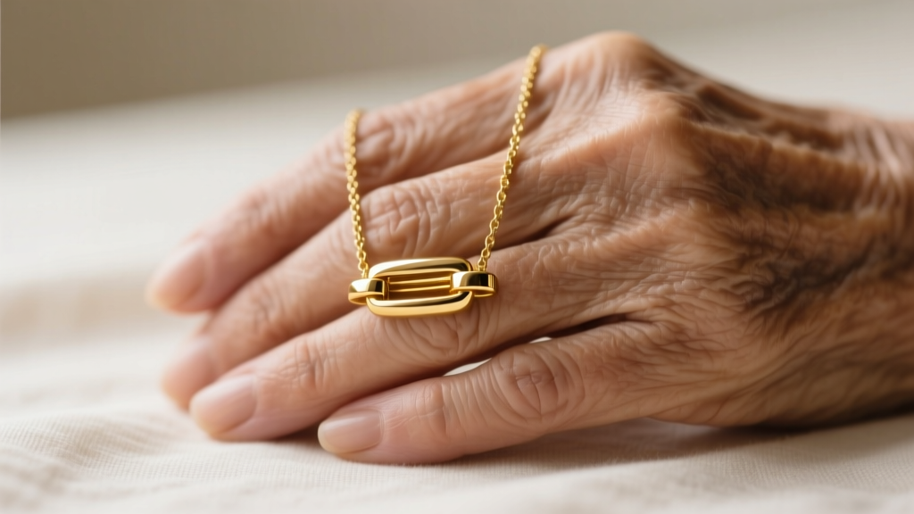 Macro shot of a gold magnetic necklace clasp connecting seamlessly, held by an older woman's hands, bright studio lighting