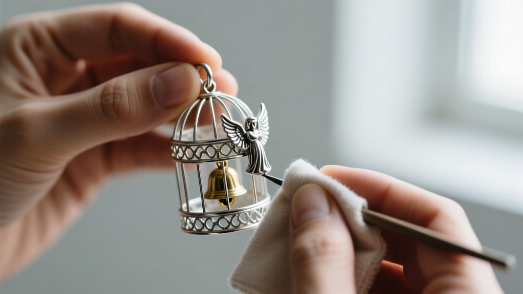 Hands polishing the silver cage of an angel caller pendant with a cloth, carefully avoiding the delicate inner brass chime ball.
