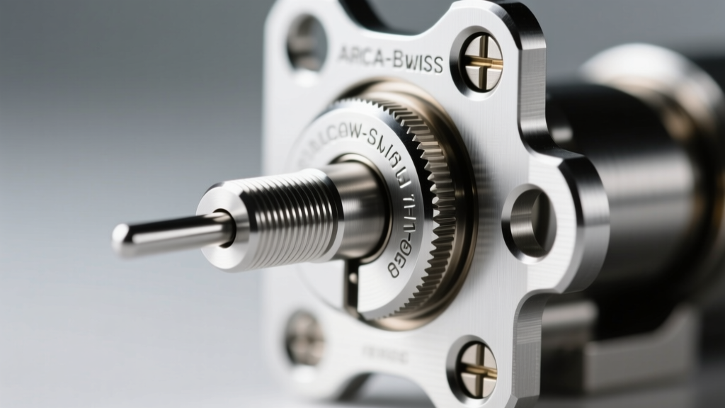 Macro shot of the stainless steel lock pin mechanism engaged with the Arca-Swiss quick release plate, highlighting the precision CNC machining tolerances.