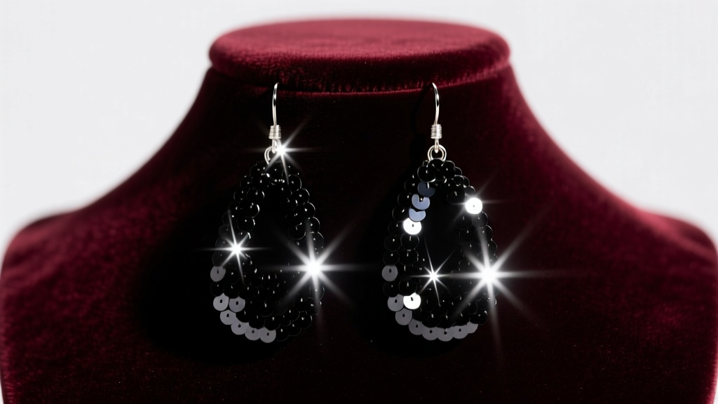 Black PET sequin drop earrings on a dark velvet bust, catching dramatic studio lighting with sharp, starry reflections.