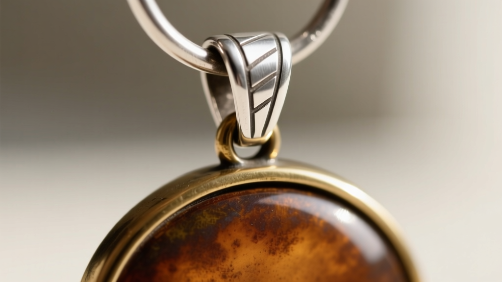 Close-up of a hard-soldered sterling silver bail securely attached to the top loop of an antique brass expedition-style pendant.