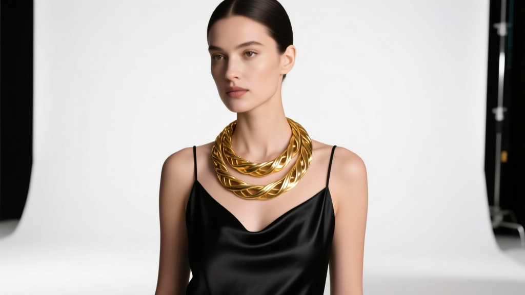 Model wearing a 60-inch gold vermeil wrapping necklace looped twice over a black silk slip dress, shot in soft studio lighting.