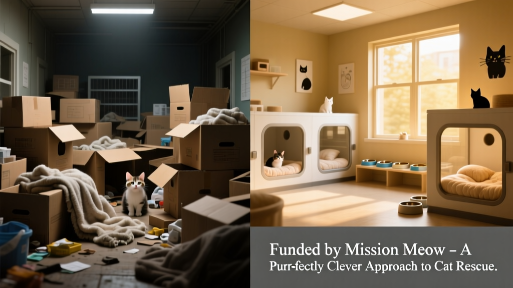 A side-by-side collage: left shows a cluttered, under-resourced kitten nursery; right shows the same space renovated with warm lighting, clean enclosures, and cozy bedding—funded by a Mission Meow grant