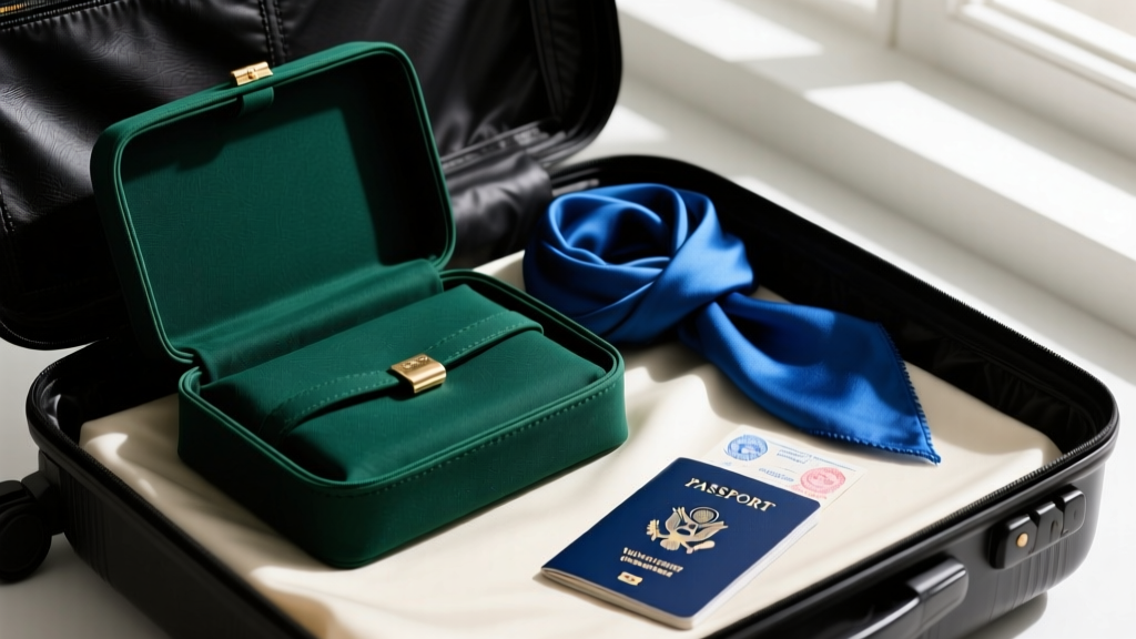 Dark green foldable jewelry organizer tucked into an open carry-on suitcase beside a blue passport and a folded silk scarf