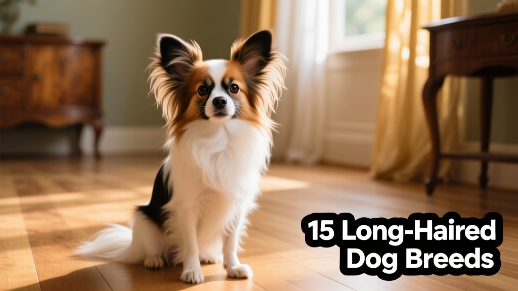 A Papillon with large, feathered ears and soft, flowing chest fur, sitting alertly on a sunlit wooden floor