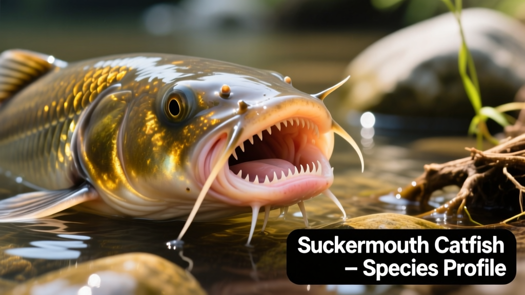 Close-up of a suckermouth catfish’s mouth showing its rasping, sucker-like oral disc