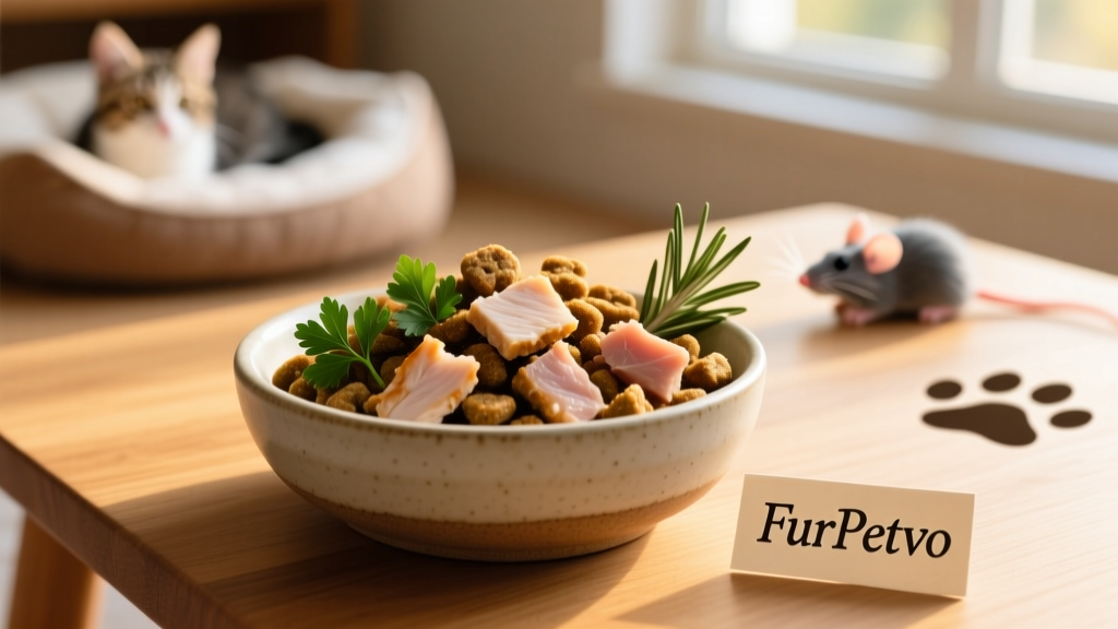 Close-up of FurPetVo kitten food kibble with visible meat pieces and herbs, served in a clean ceramic bowl
