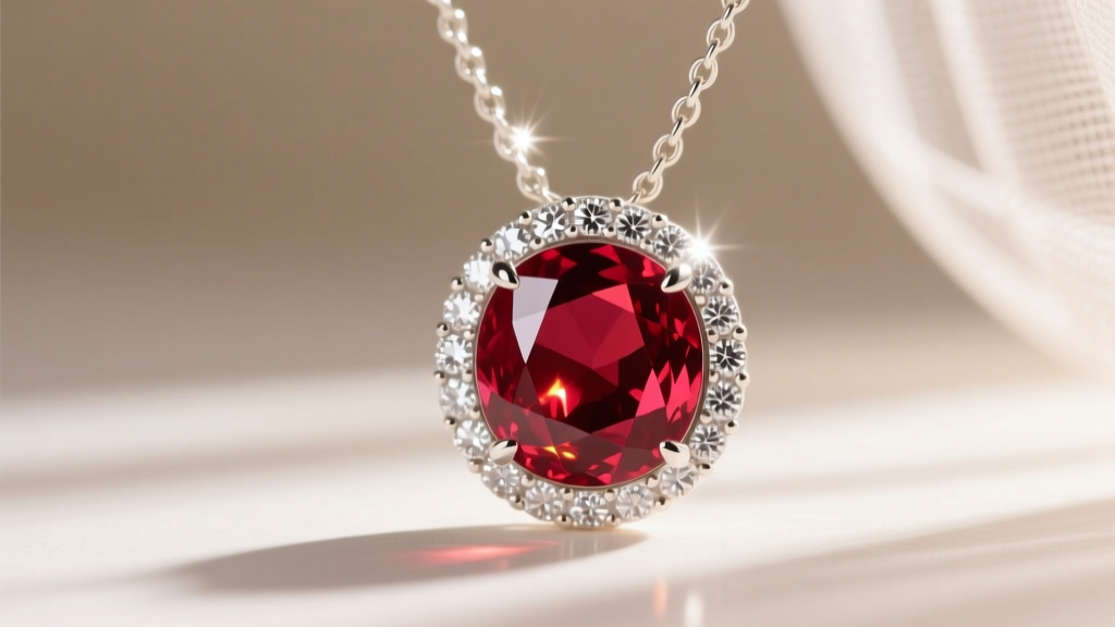 Macro photography of a 2-carat pigeon blood ruby pendant with a micro-pave diamond halo on an 18-inch white gold chain