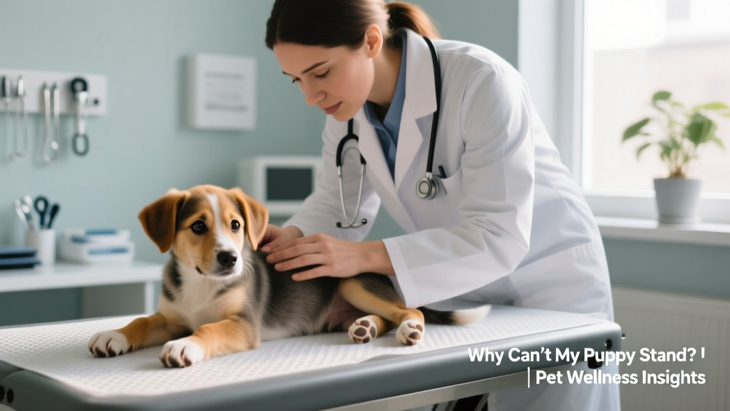 Veterinarian gently examining a small puppy’s hind legs and spine during a wellness check