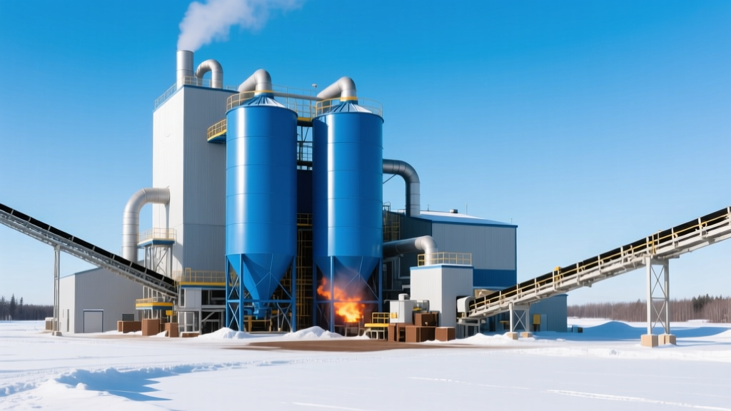 Heavy-duty sustainable hot mix asphalt plant with enclosed blue dust collection silos operating against a crisp Minnesota winter skyline