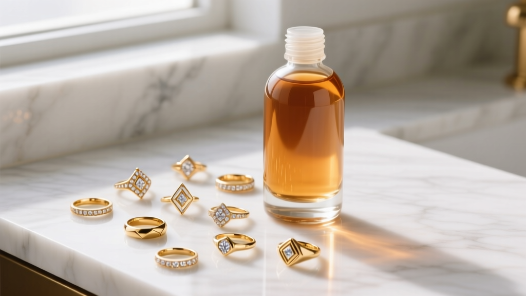Glass bottle of amber botanical jewelry cleaner solution beside scattered 18k gold rings on a white marble vanity surface
