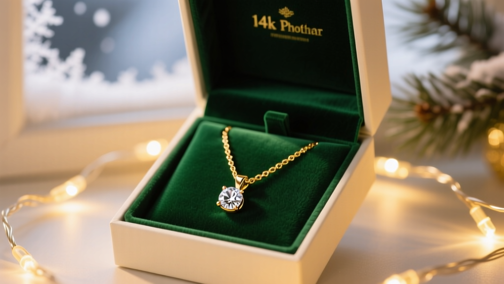 Open gift box showing a 14k gold diamond pendant necklace on green velvet, lit by warm holiday fairy lights.