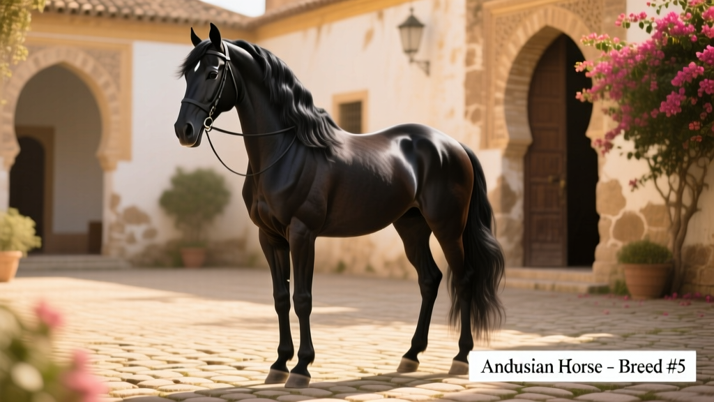 Andalusian horse in graceful dressage posture, highlighting arched neck, thick black mane, and expressive eyes