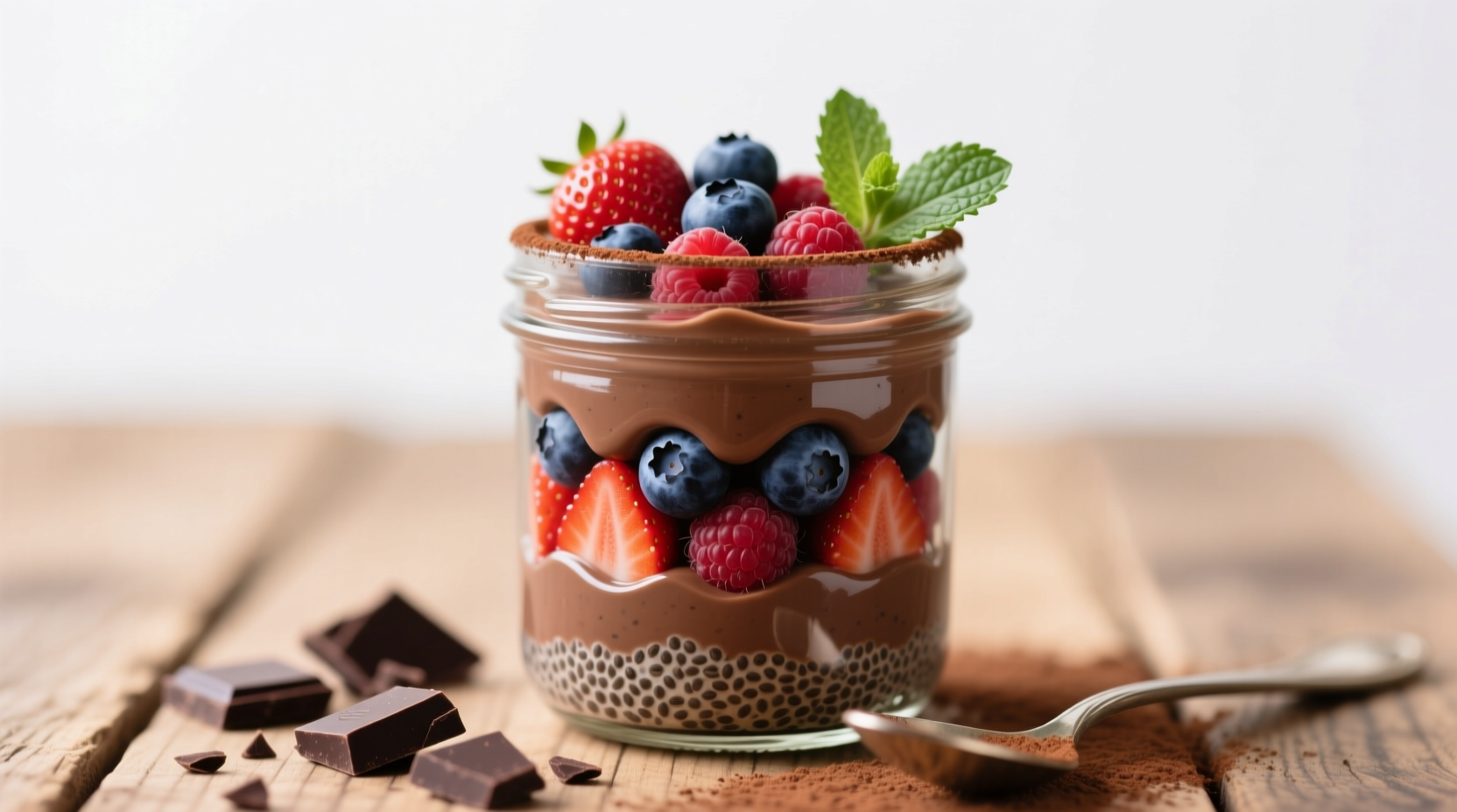 Creamy chocolate chia pudding in glass jar with fresh berries
