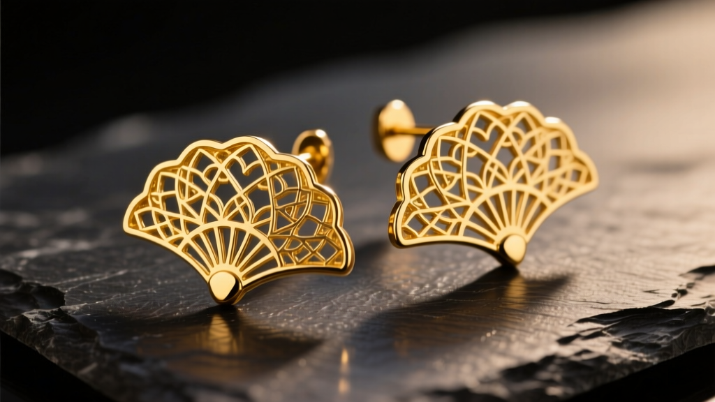 Close-up of 14k yellow gold fan earrings with Art Deco filigree, resting on dark slate under warm, directional studio lighting.