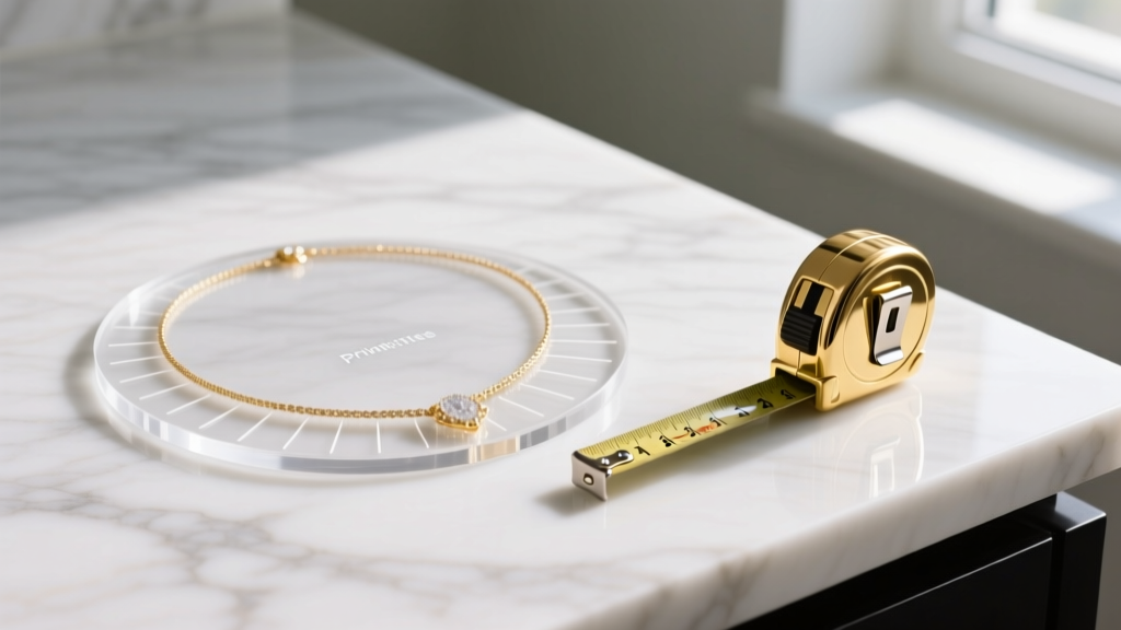Close-up of a clear acrylic printable necklace sizer template laid flat on a marble countertop next to a gold tape measure.