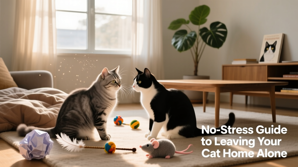 Two cats playing gently together in a cozy living room with toys and soft bedding