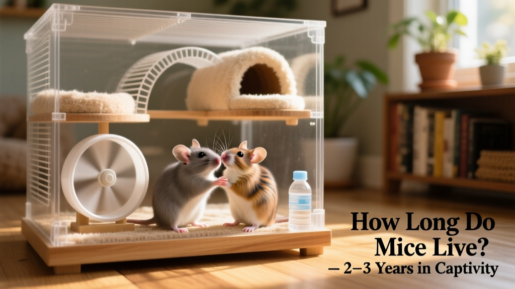 Two friendly mice grooming each other inside a spacious cage with multiple levels, tunnels, and a running wheel