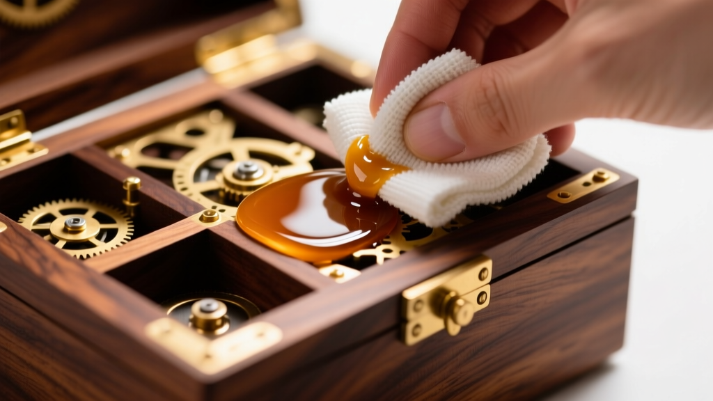 Microfiber cloth applying carnauba wax to the polished walnut exterior of a mechanical puzzle box under bright, even lighting.