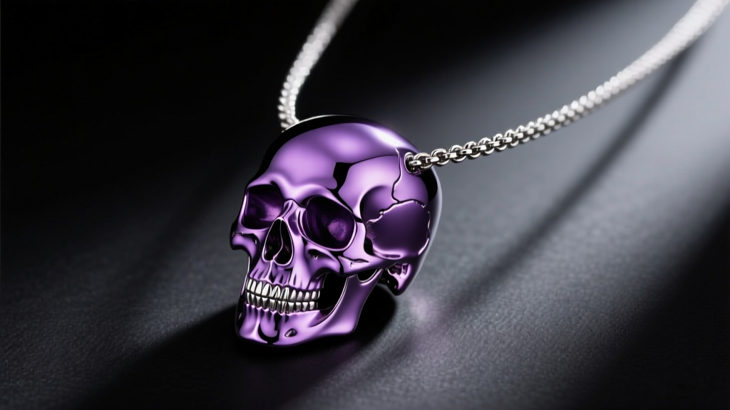 Anodized purple Grade 5 titanium mens skull necklace on black, showing precise CNC edges and a bright, scratch-free metal surface.
