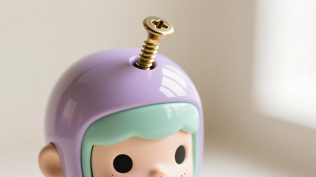 Macro shot of a brass screw-eye bail being inserted into a pre-drilled 2mm hole at the top of a vinyl art toy figure head
