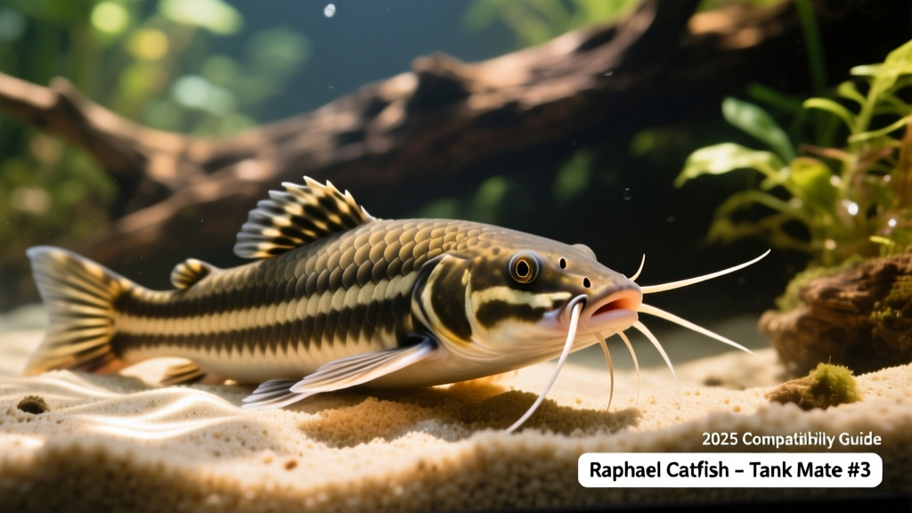 Striped Raphael catfish resting near aquarium substrate with visible bony scutes and barbels
