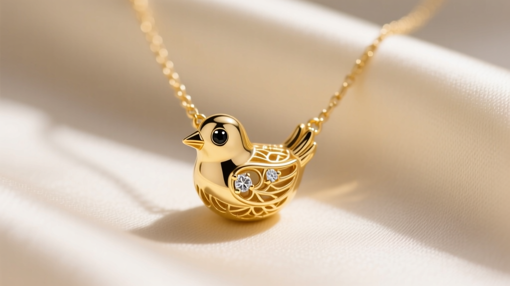 Close-up of a delicate 14k yellow gold chick necklace pendant with small black diamond eyes, resting on a cream silk fabric background.