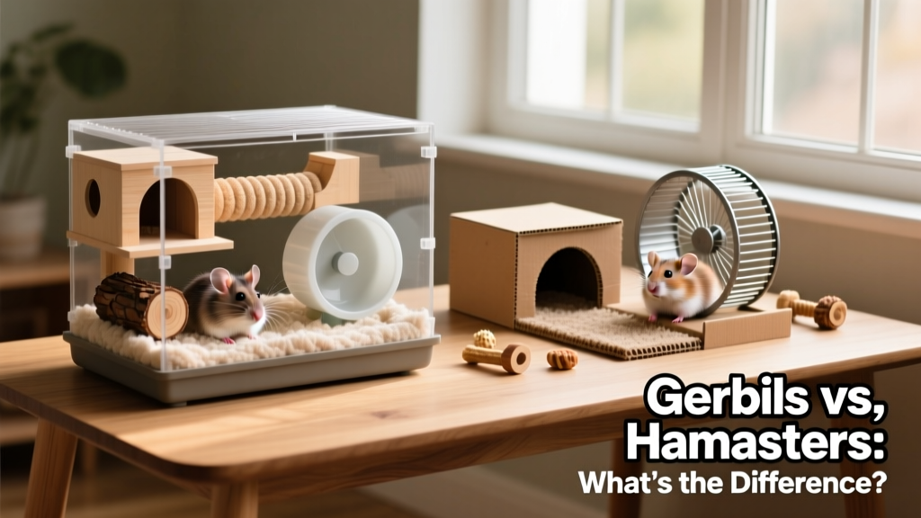 A well-furnished gerbil and hamster habitat side by side, showing appropriate bedding depth, nesting areas, chew toys, and exercise wheels
