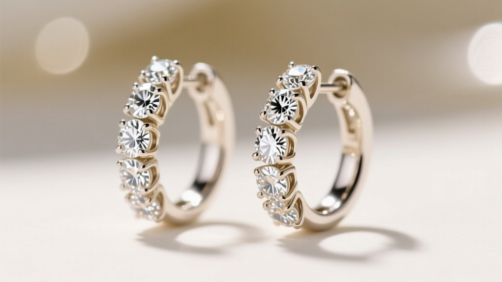 Macro shot of 10k white gold diamond hoop earrings showing I1 clarity round diamonds in shared prong settings under bright light.