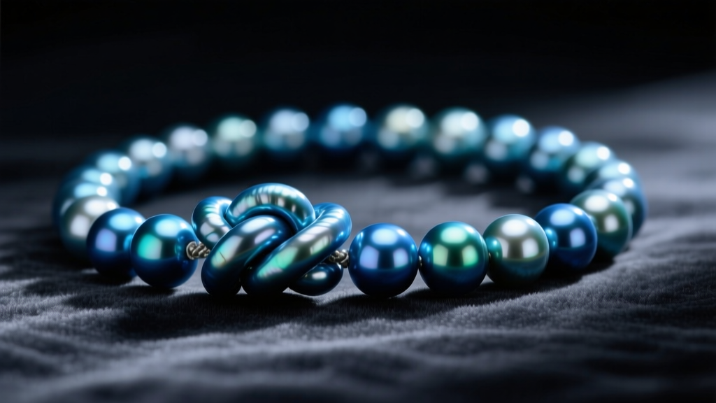 Close-up of a knotted silk strand of 8mm peacock-blue Tahitian pearls resting on dark charcoal velvet under soft studio lighting