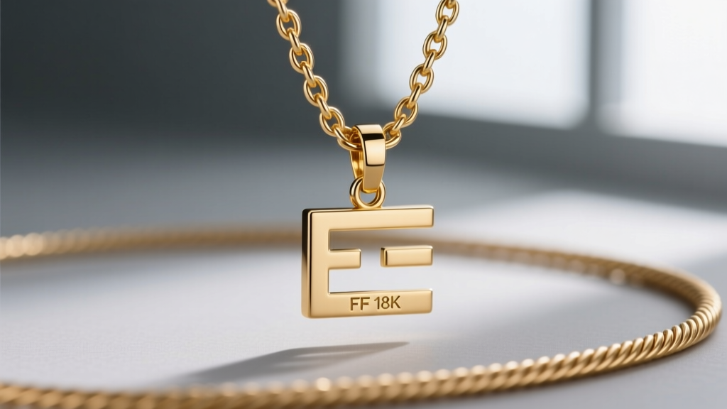 Macro shot of a 2.5mm gold-plated brass cable chain and FF logo pendant, showing the spring ring clasp and hallmark engraving.