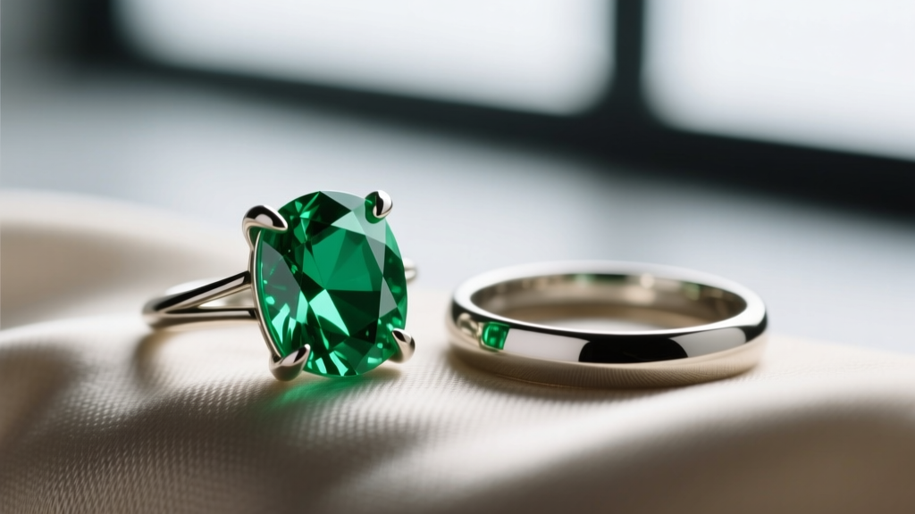 Macro view of a four-prong gemstone setting catching on fabric versus a smooth bezel setting protecting a vibrant green emerald.