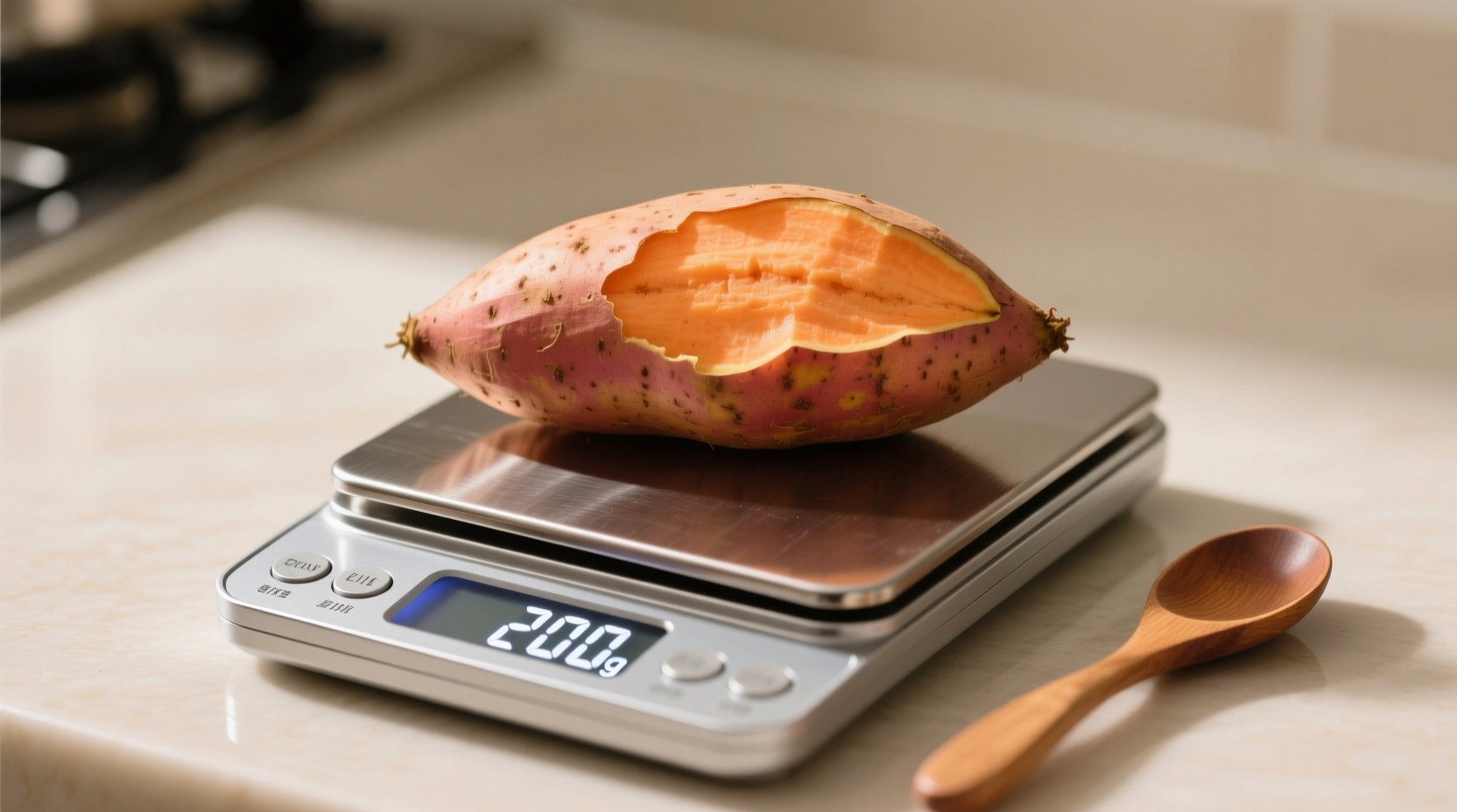 Measuring sweet potato serving size with kitchen scale