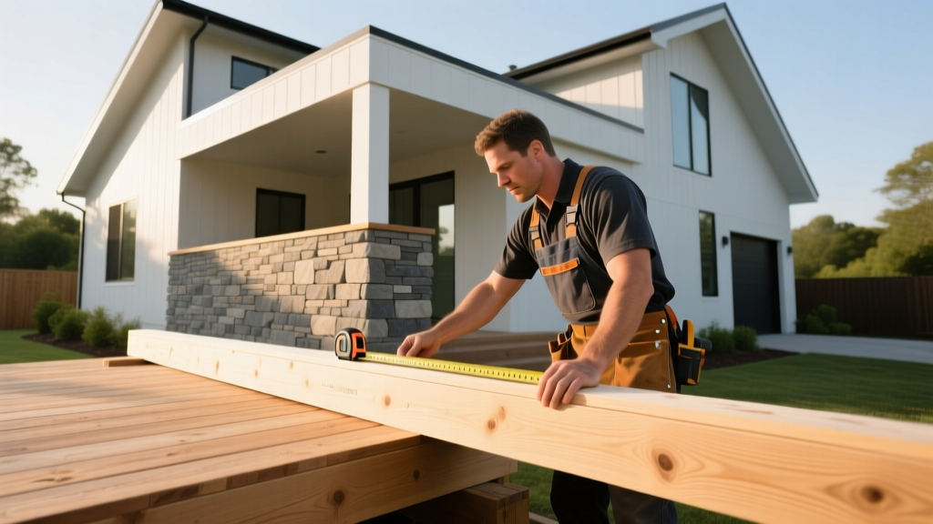 Carpenter measuring pressure-treated lumber framing for a new backyard deck next to a modern home with stacked stone veneer skirting