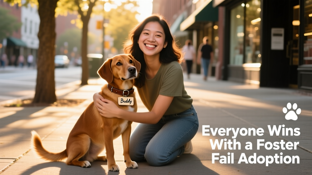 A smiling person kneeling beside a gentle-looking brown dog on a sunlit city sidewalk