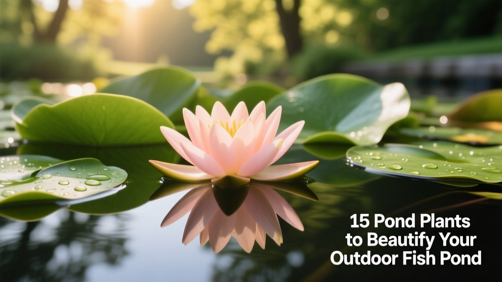 A close-up of a hardy water lily in bloom—peach-colored petals floating beside lush green pads on calm pond water